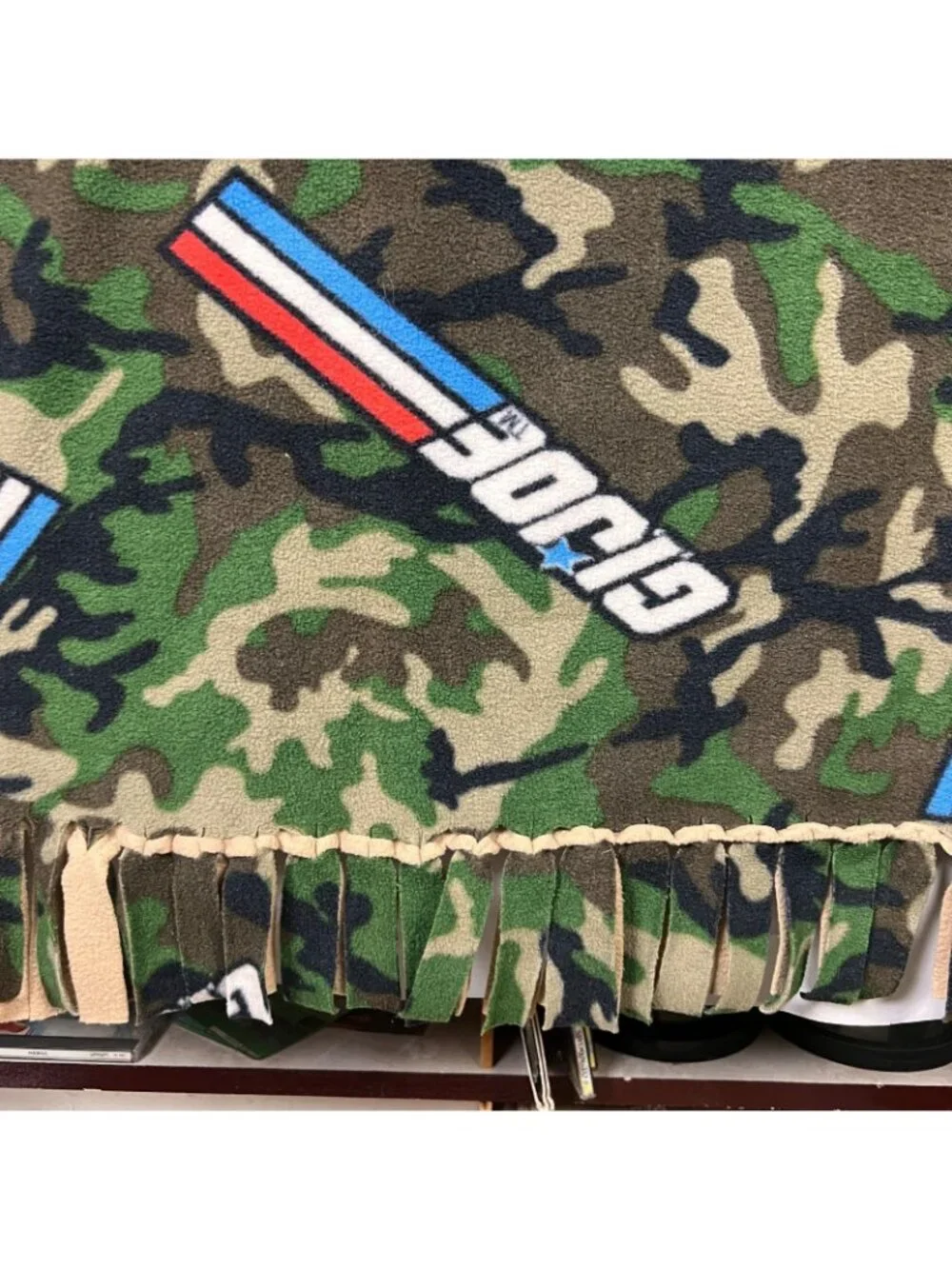 G.I. Joe Fleece Blanket 50x64 Camouflage Logo w/Tie Fringe OOAK Cozy Nostalgia